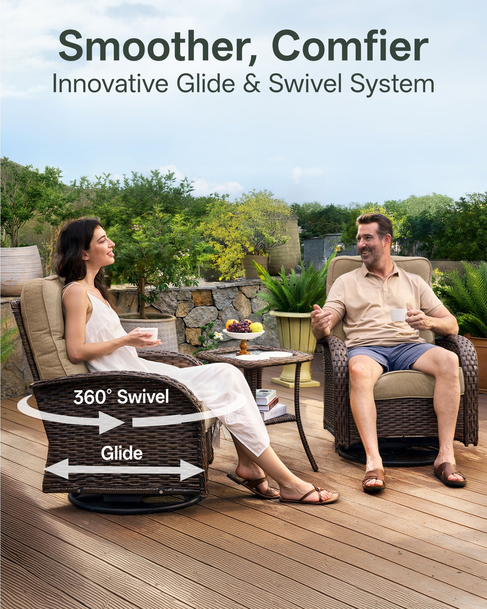 3-Piece Brown Curve Patio Swivel Glider Chair Set