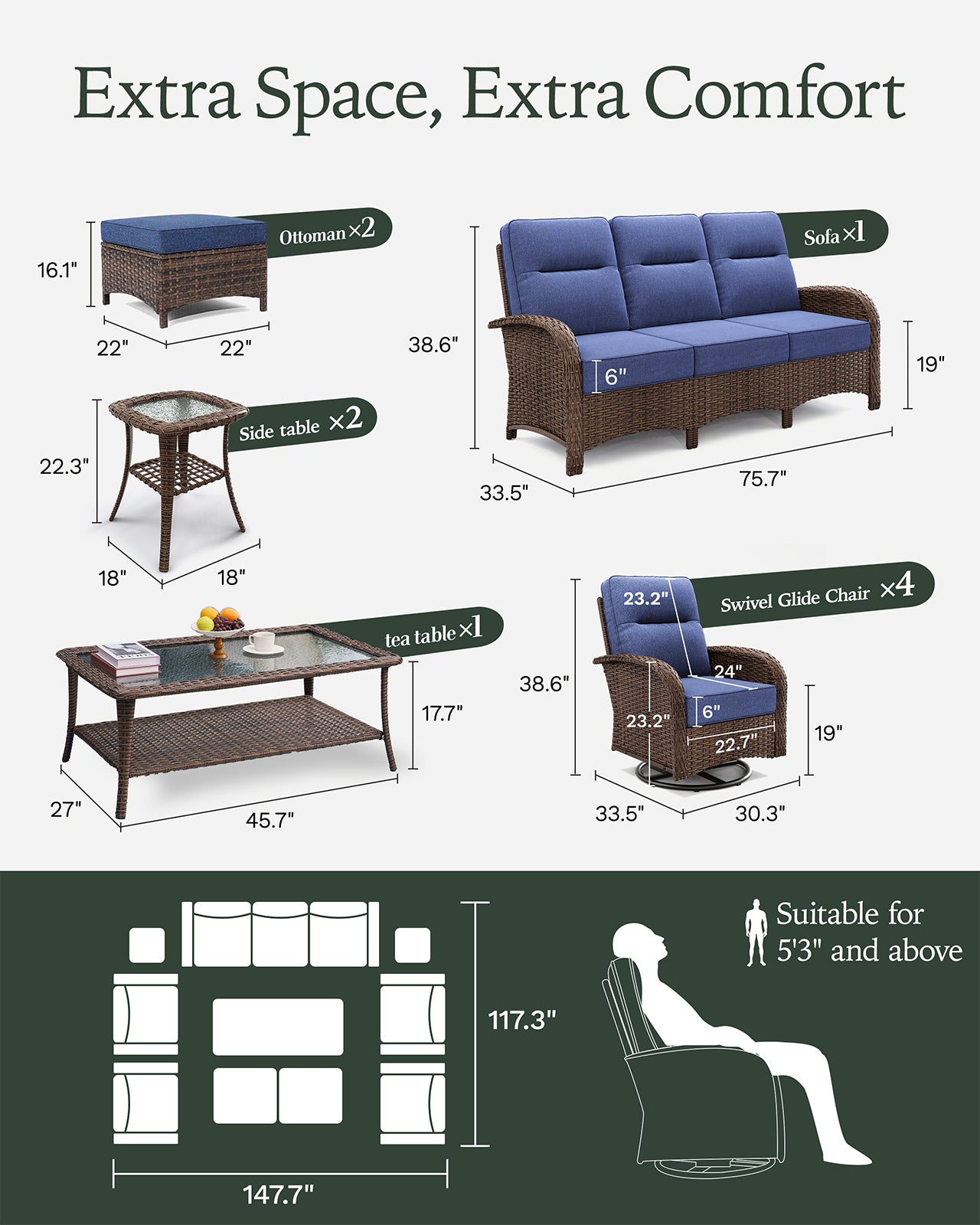 10 Pcs Patio Wicker Sofa Set-Blue