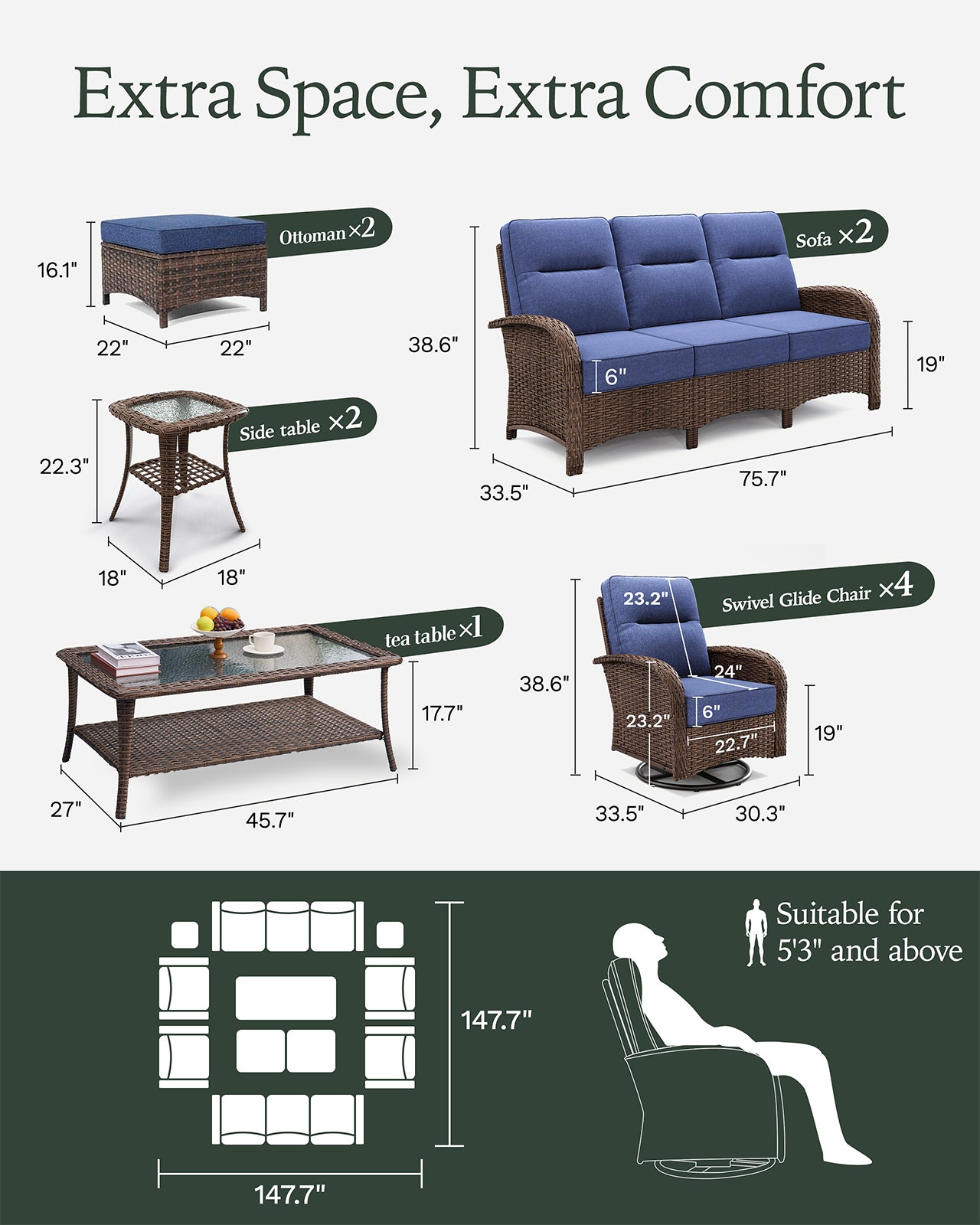11 Pcs Patio Wicker Sofa Set-Blue