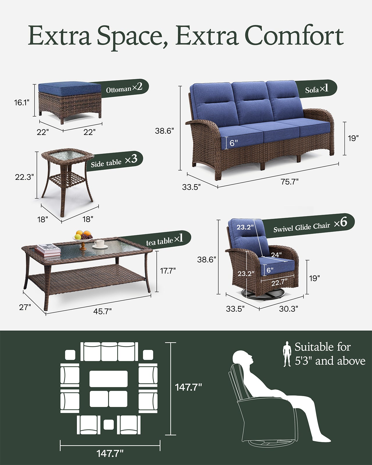 13 Pcs Patio Wicker Sofa Set-Blue