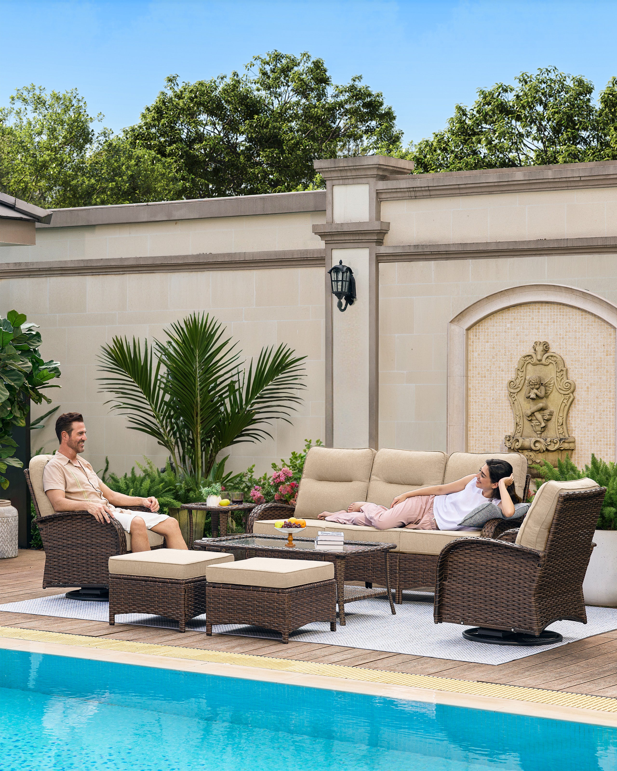 7-Piece Brown Curve Patio Sofa Set with Swivel Glider Chairs