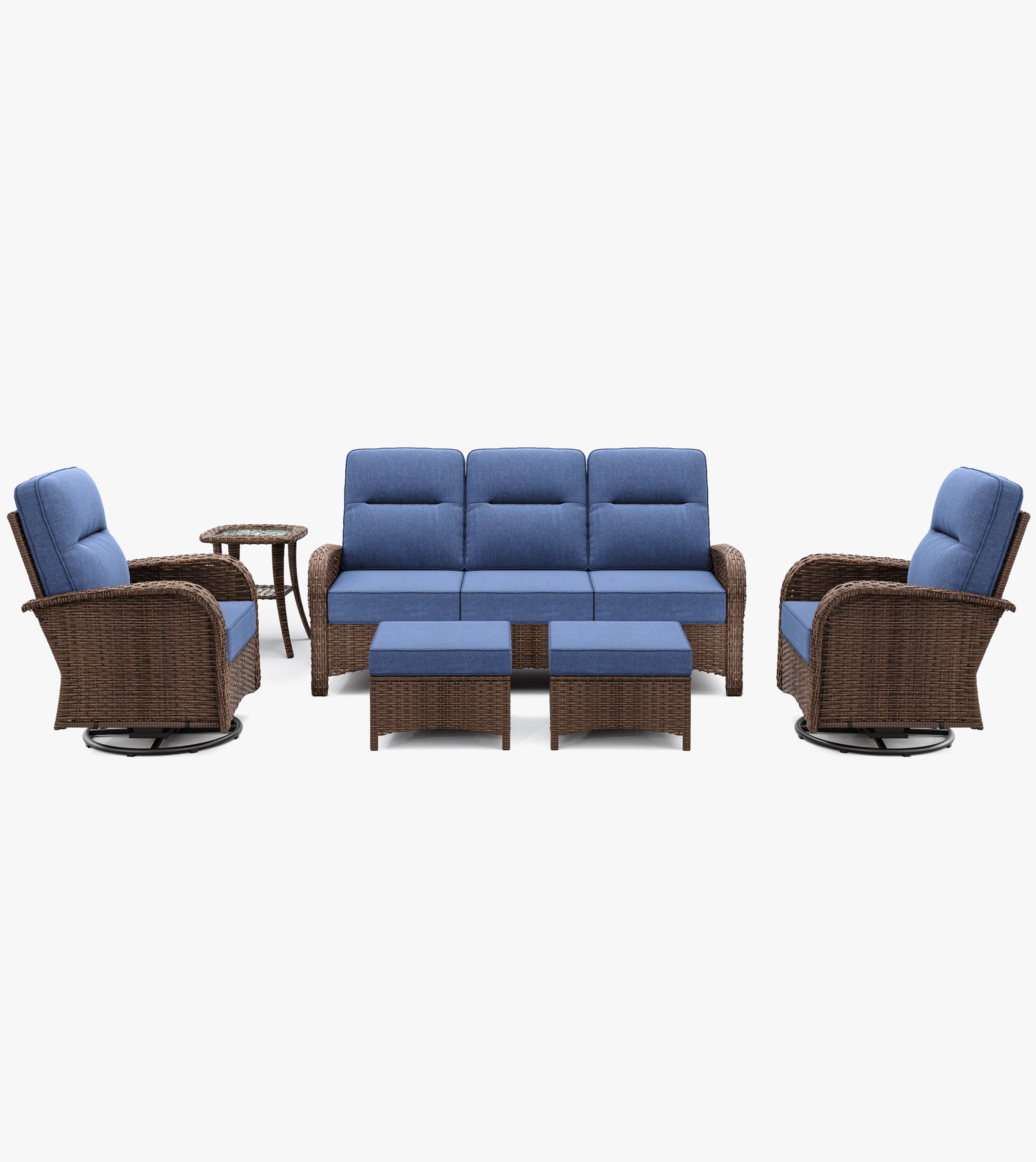 6-Piece Brown Curve Patio Sofa Set with Swivel Glider Chairs