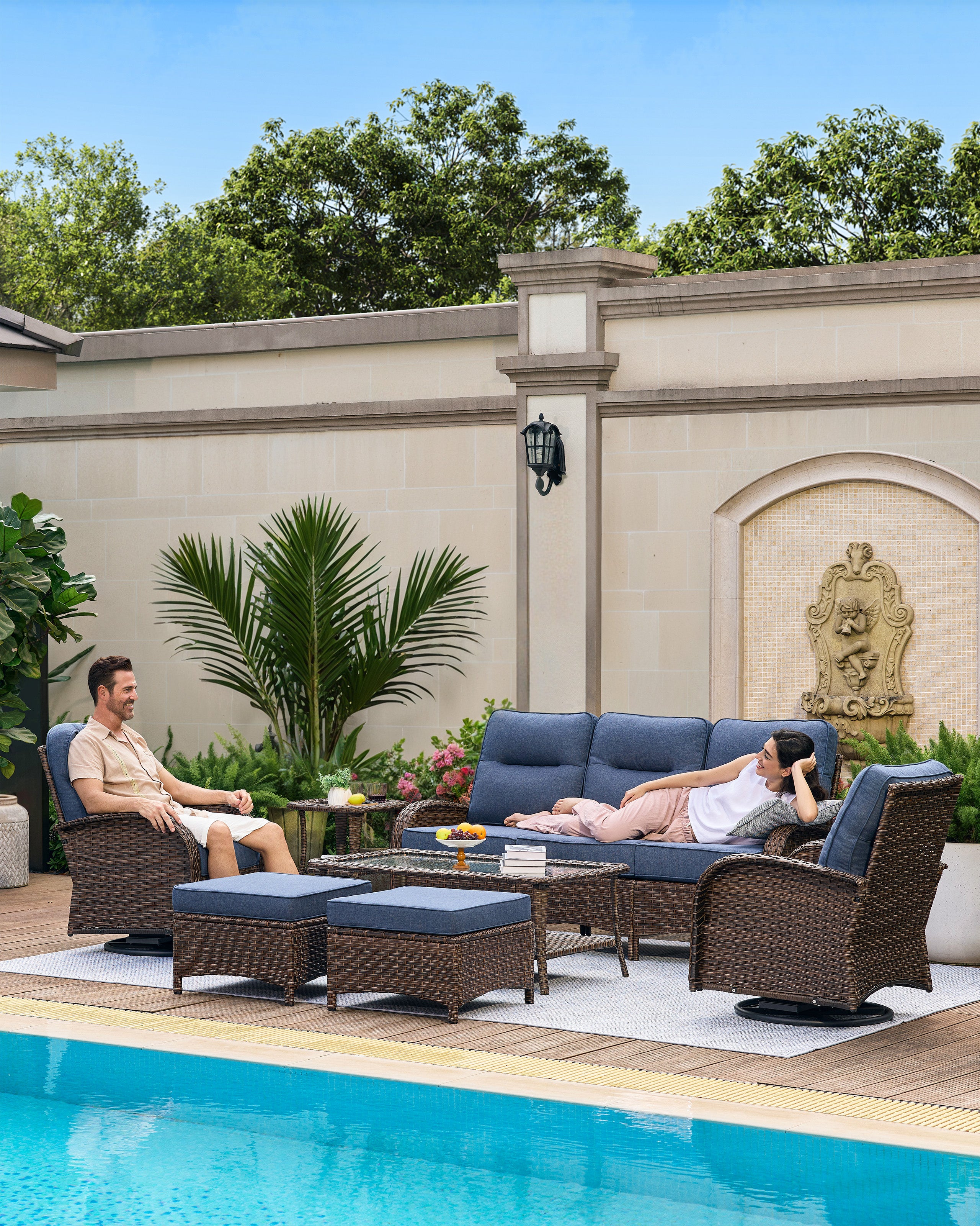 7-Piece Brown Curve Patio Sofa Set with Swivel Glider Chairs