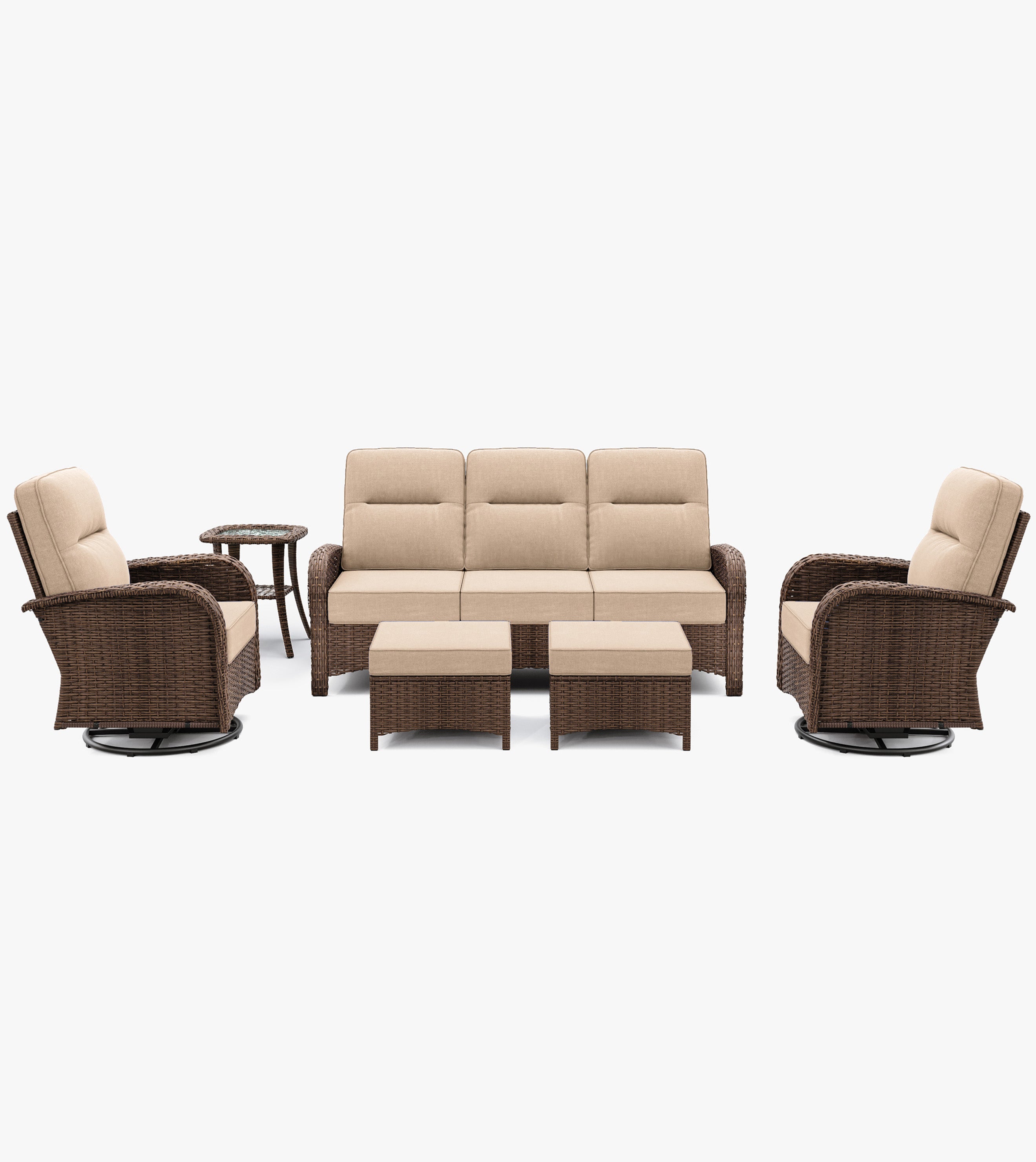 6-Piece Brown Curve Patio Sofa Set with Swivel Glider Chairs