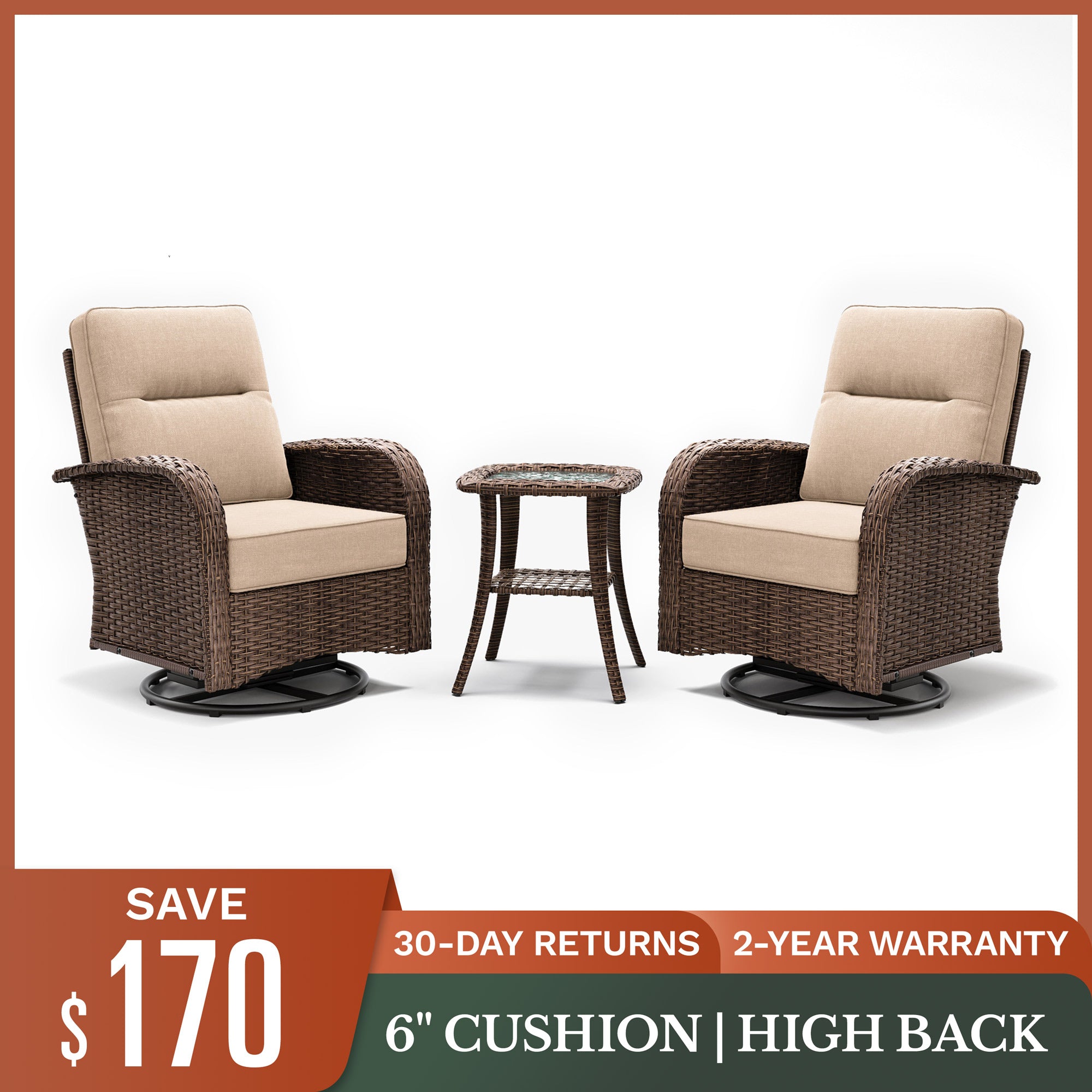 3 PCS Swivel Glider Patio Chairs Conversation Set-Beige