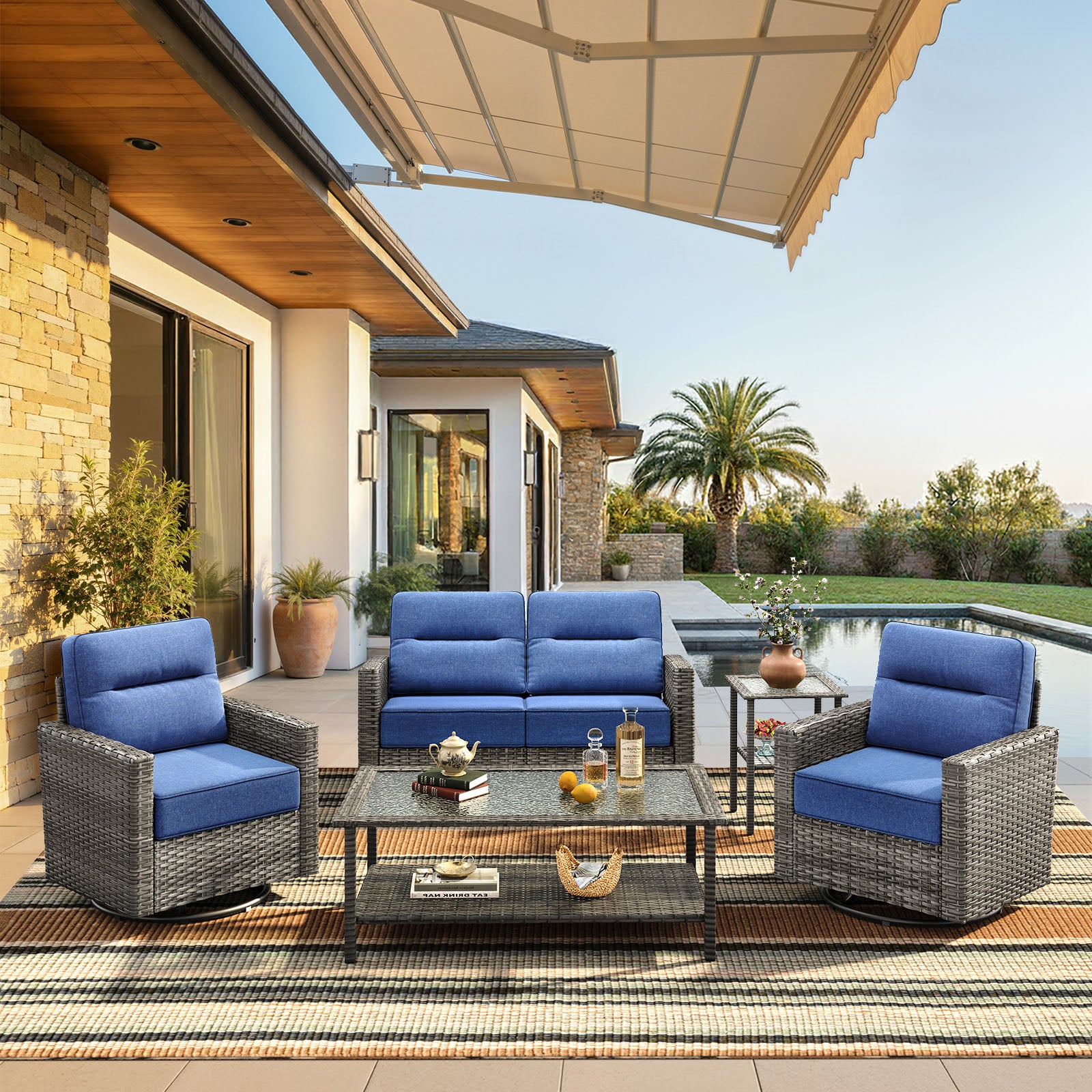 5-Piece Grayline Loveseat Set with Swivel Glider Chairs