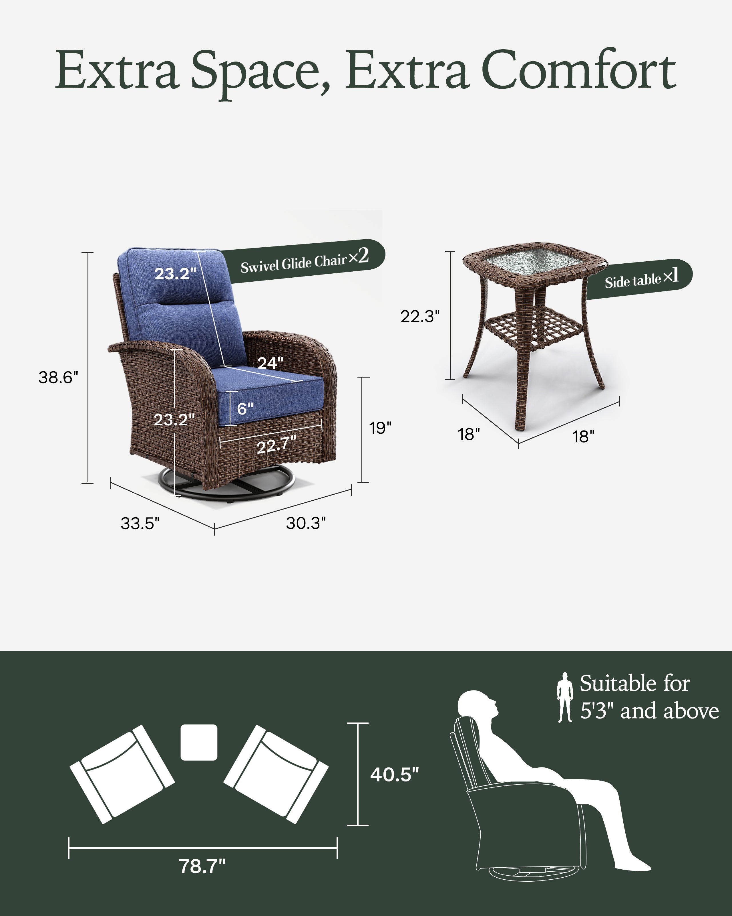 3-Piece Brown Curve Patio Swivel Glider Chair Set