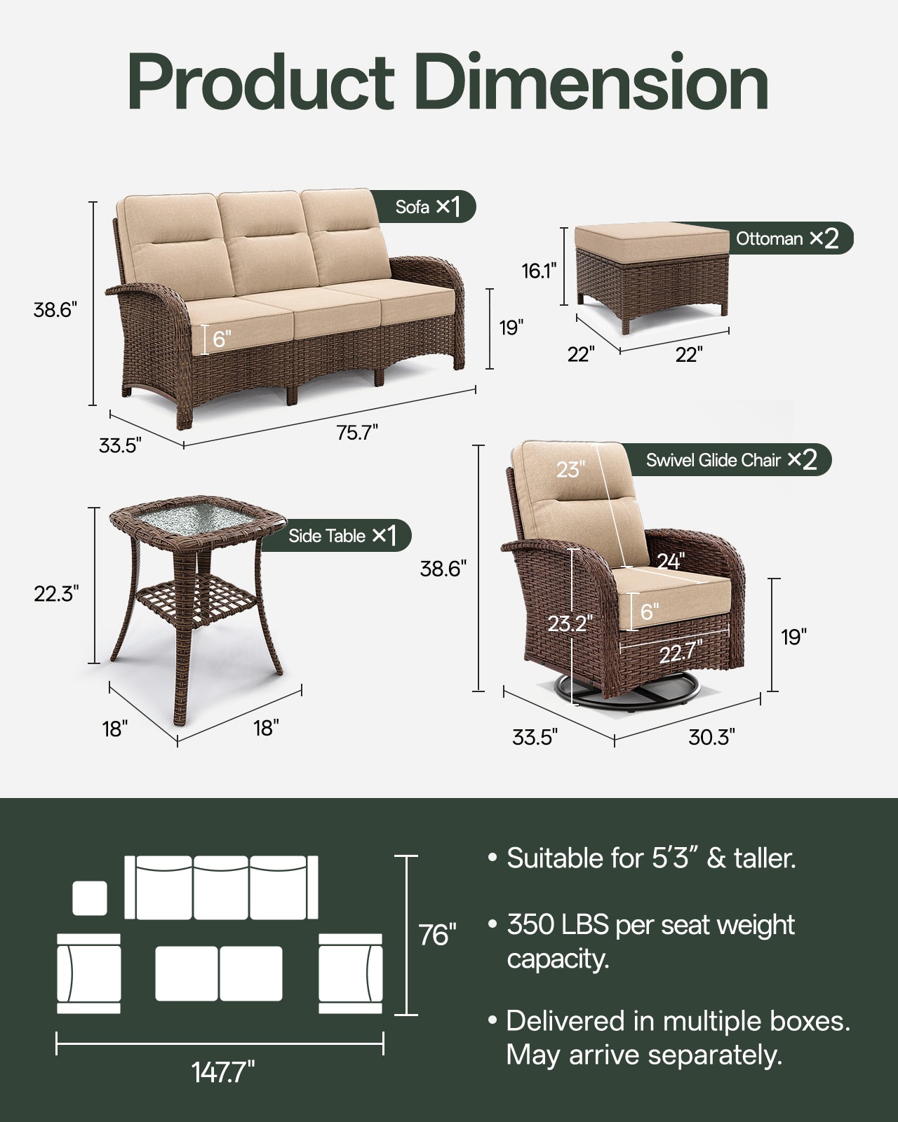 6-Piece Brown Curve Patio Sofa Set with Swivel Glider Chairs