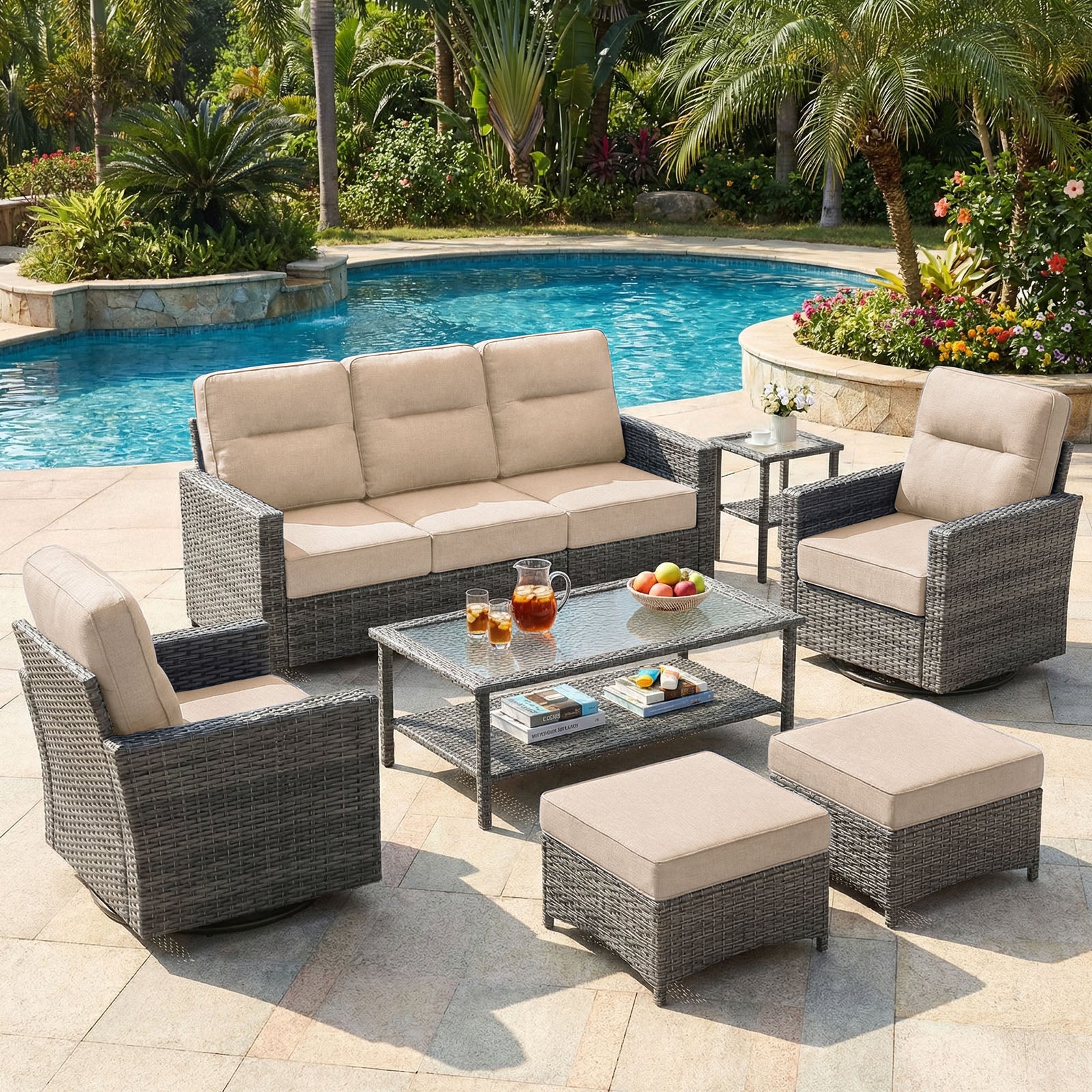 7-Piece Grayline Patio Sofa Set with Swivel Glider Chairs