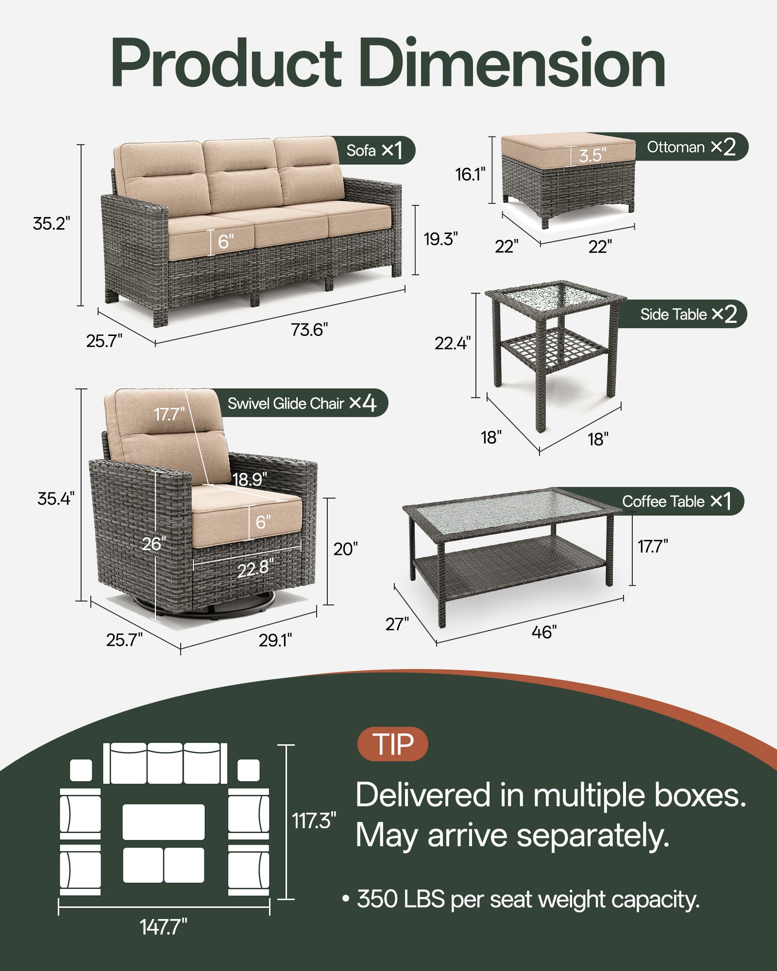 10-Piece Grayline Patio Sofa Set with Swivel Glider Chairs