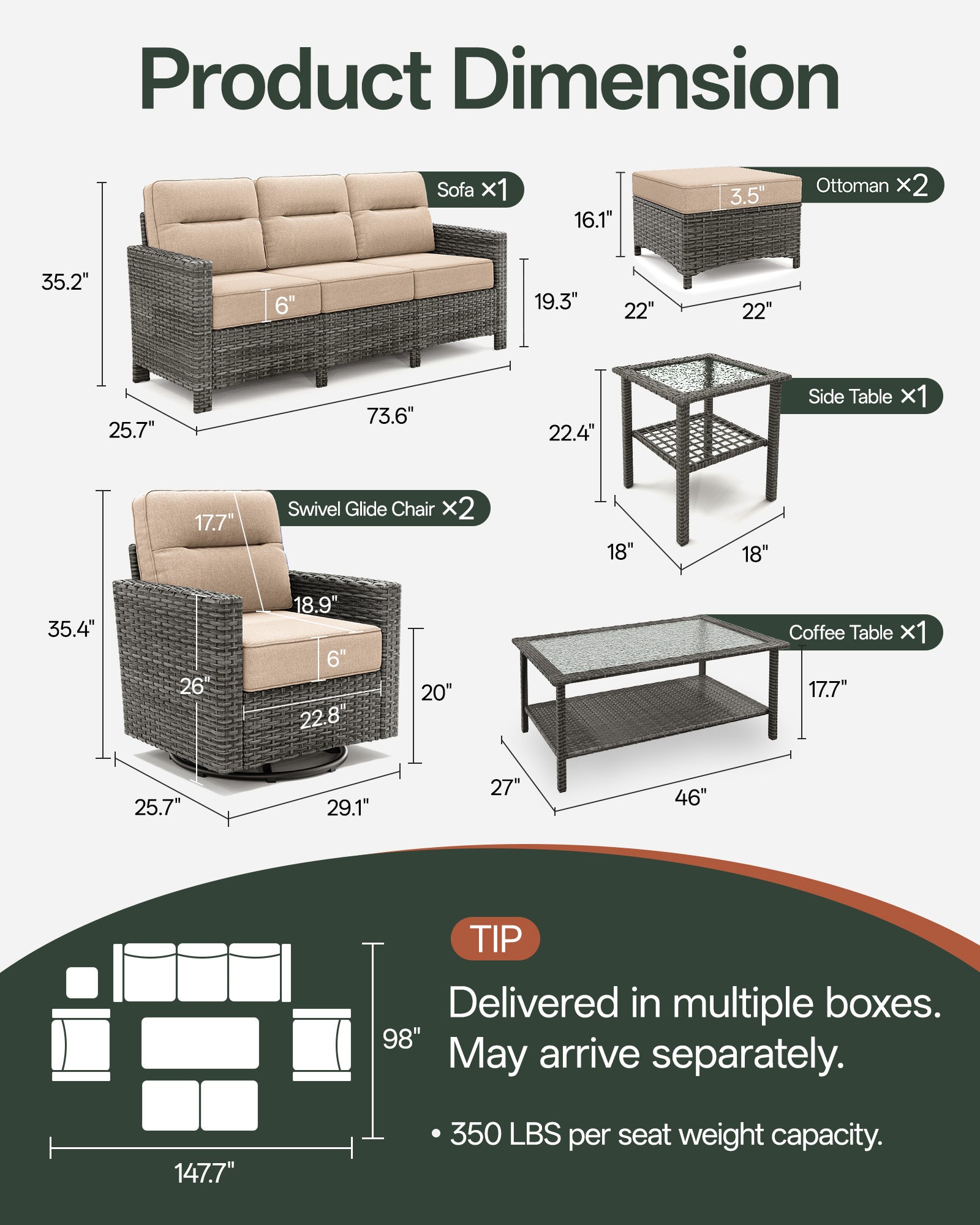 7-Piece Grayline Patio Sofa Set with Swivel Glider Chairs