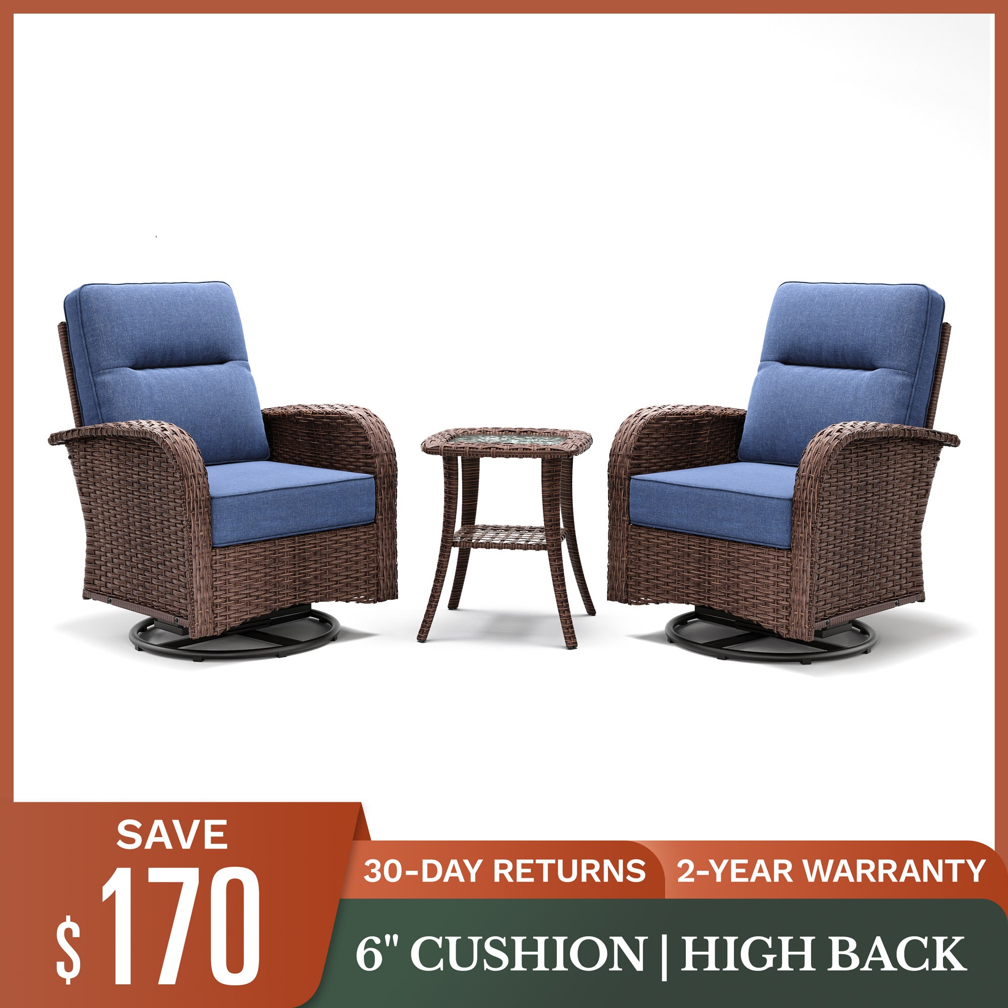 3 PCS Swivel Glider Patio Chairs Conversation Set-Blue
