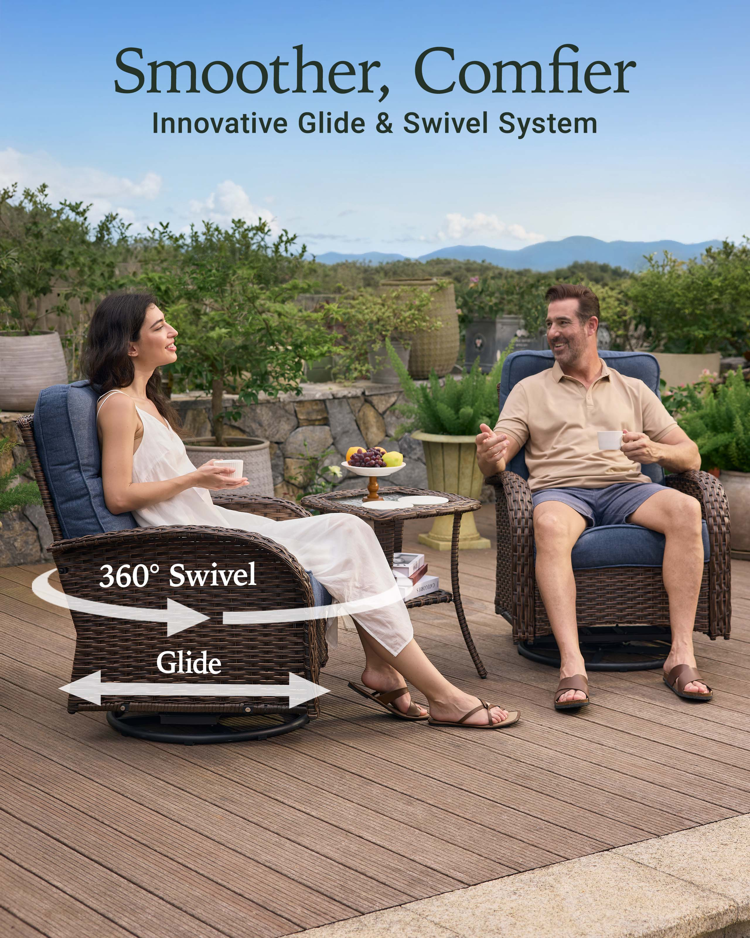 3-Piece Brown Curve Patio Swivel Glider Chair Set