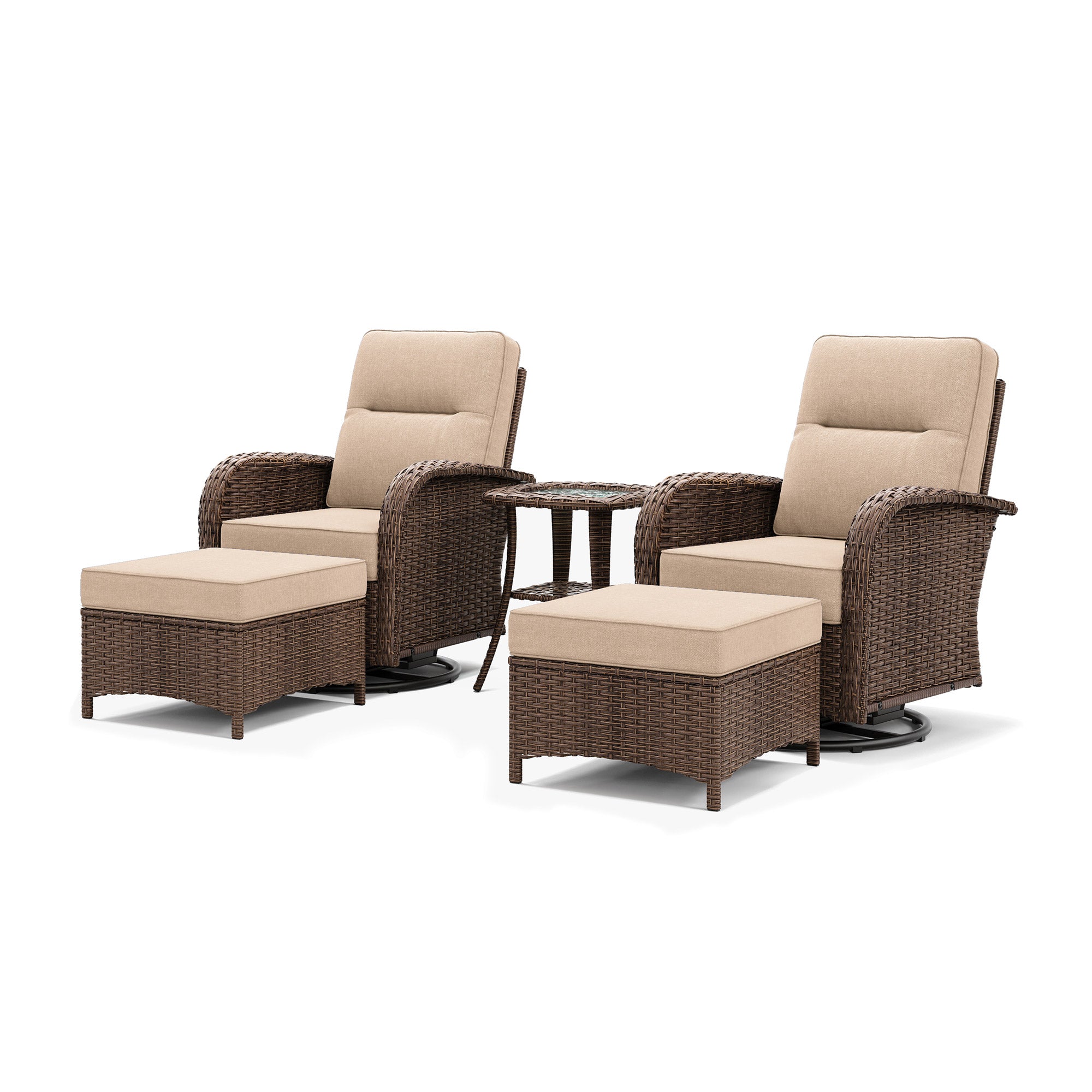 5-Pcs Swivel Glider Chairs Conversation Set With Ottomans-Beige