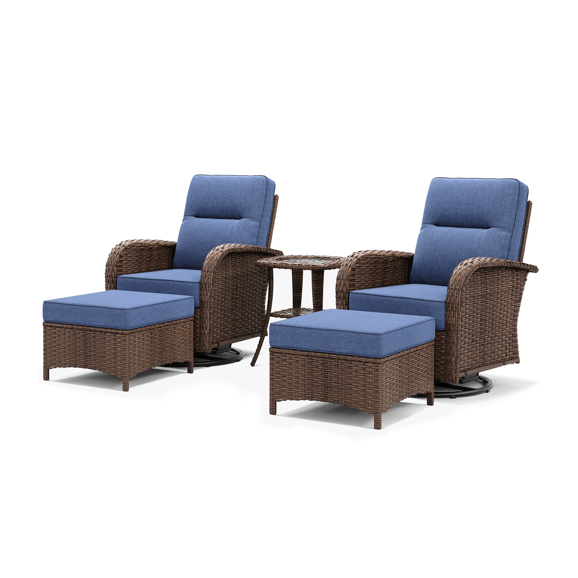 5 PCS Swivel Glider Chairs Conversation Set With Ottomans-Blue