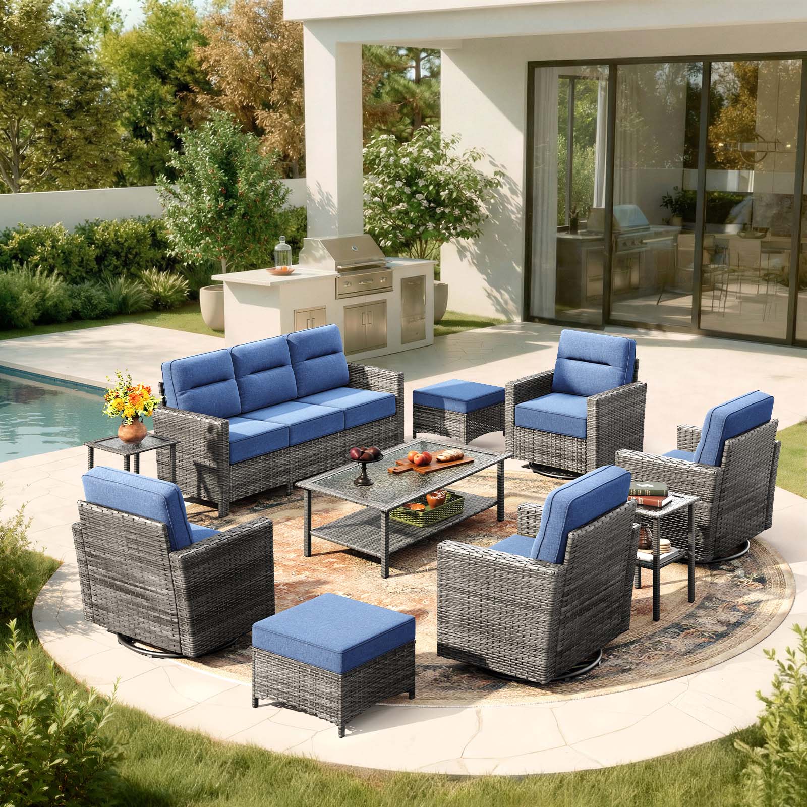 10-Piece Grayline Patio Sofa Set with Swivel Glider Chairs