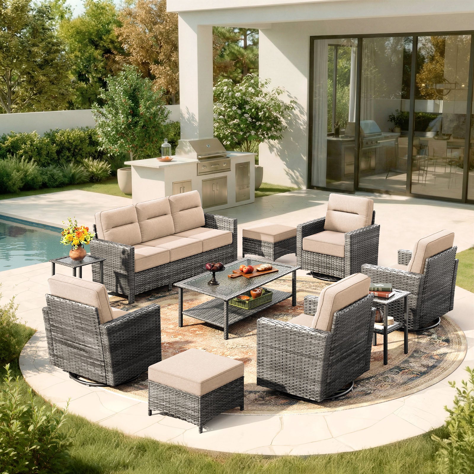 10-Piece Grayline Patio Sofa Set with Swivel Glider Chairs