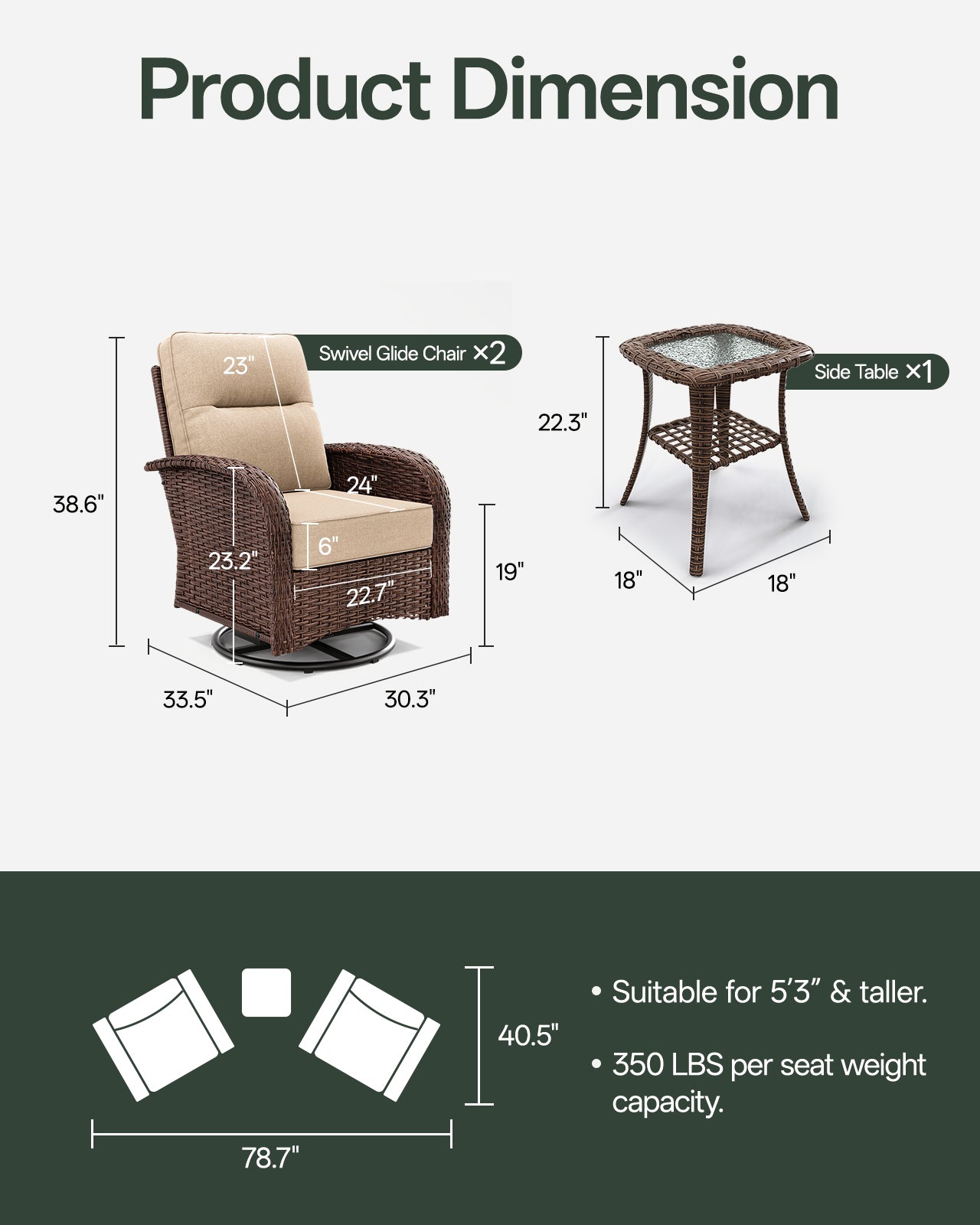 3-Piece Brown Curve Patio Swivel Glider Chair Set