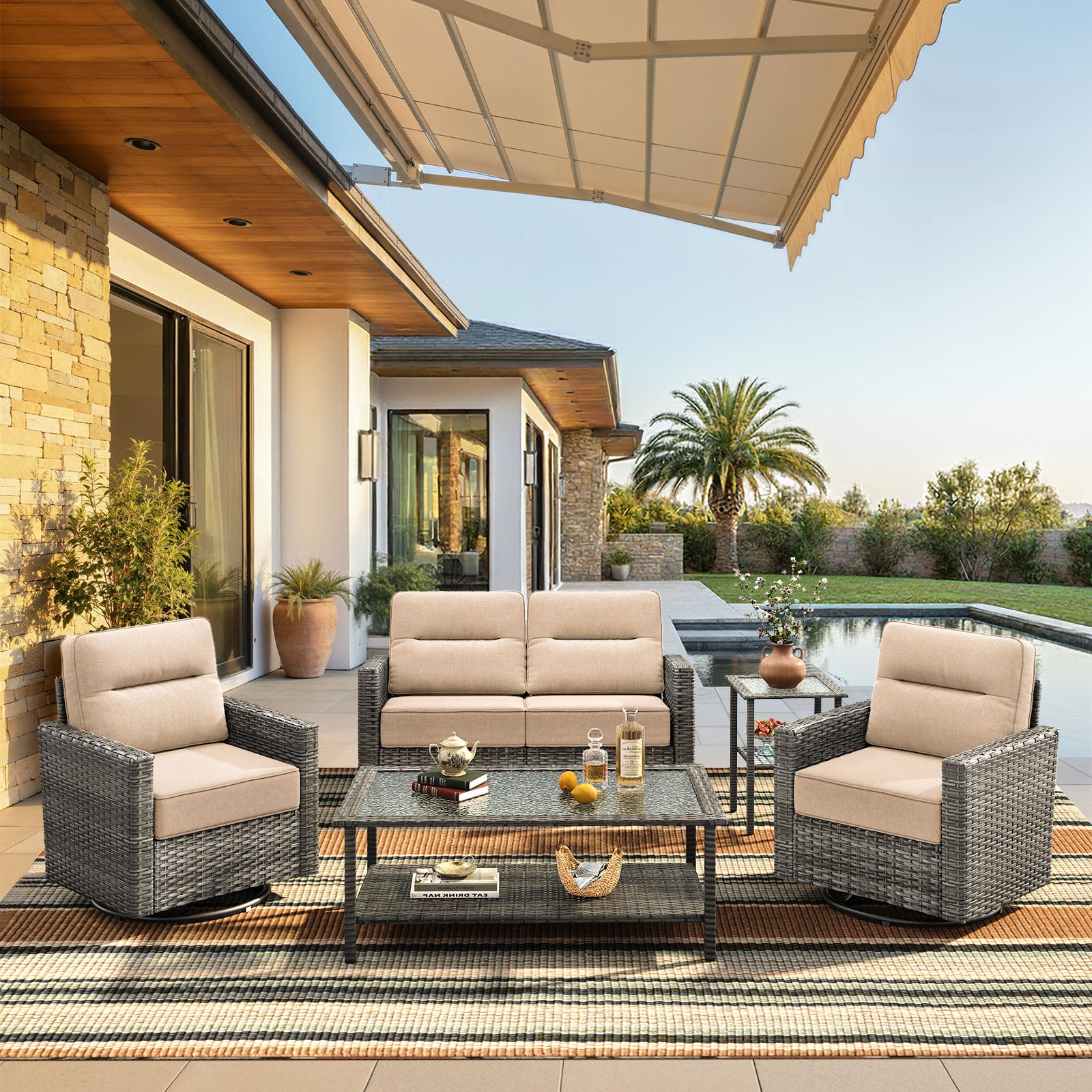 5-Piece Grayline Loveseat Set with Swivel Glider Chairs