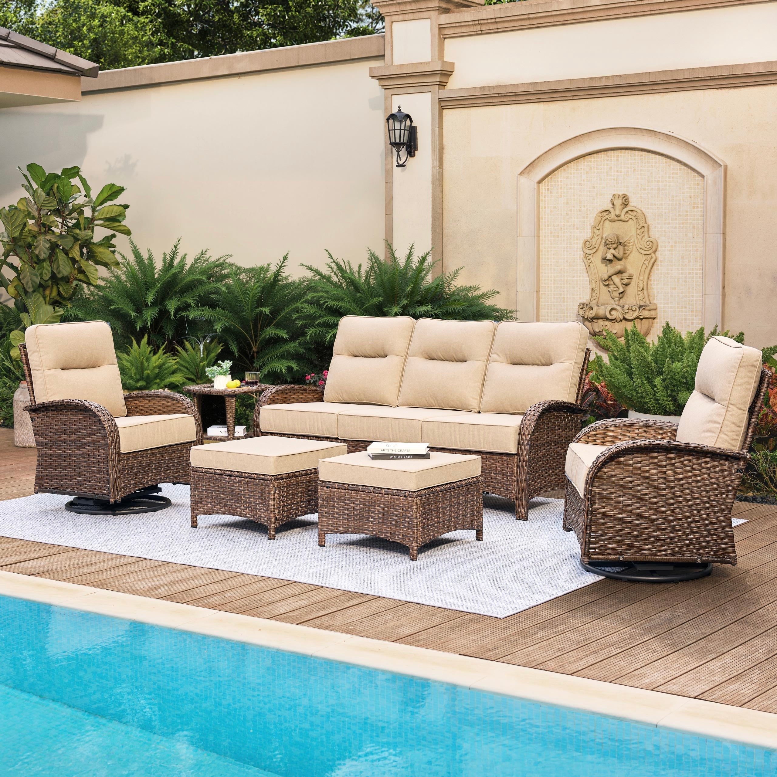 6-Piece Brown Curve Patio Sofa Set with Swivel Glider Chairs