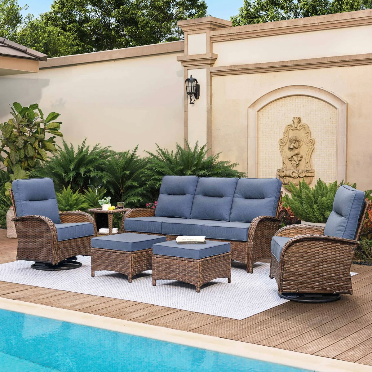 6-Piece Brown Curve Patio Sofa Set with Swivel Glider Chairs