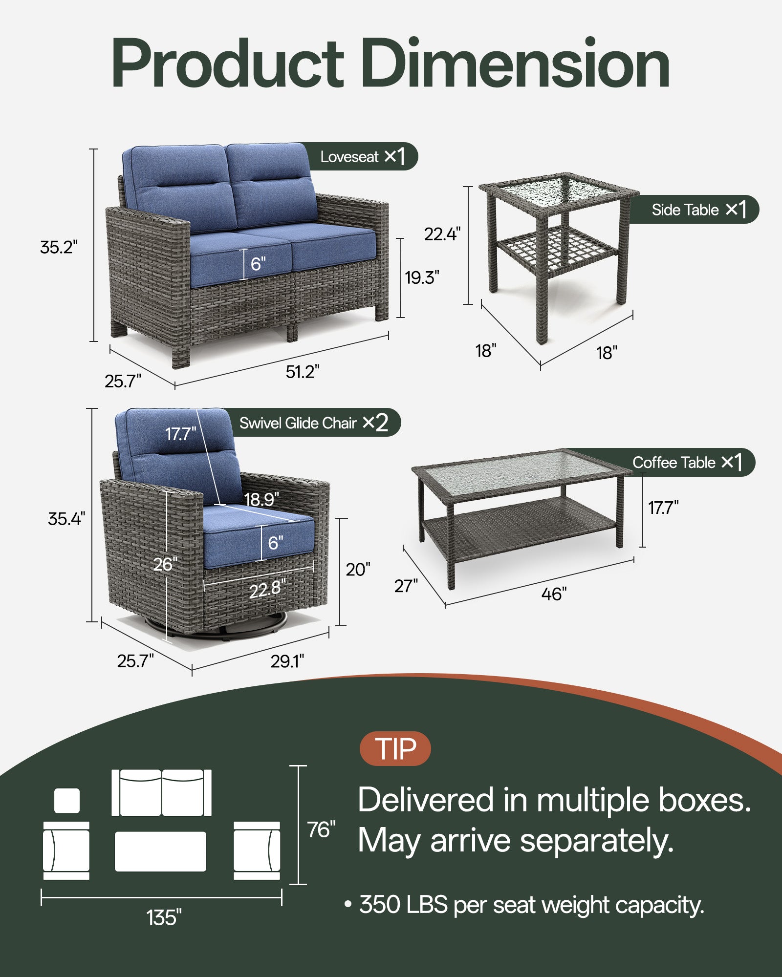 5-Piece Grayline Loveseat Set with Swivel Glider Chairs