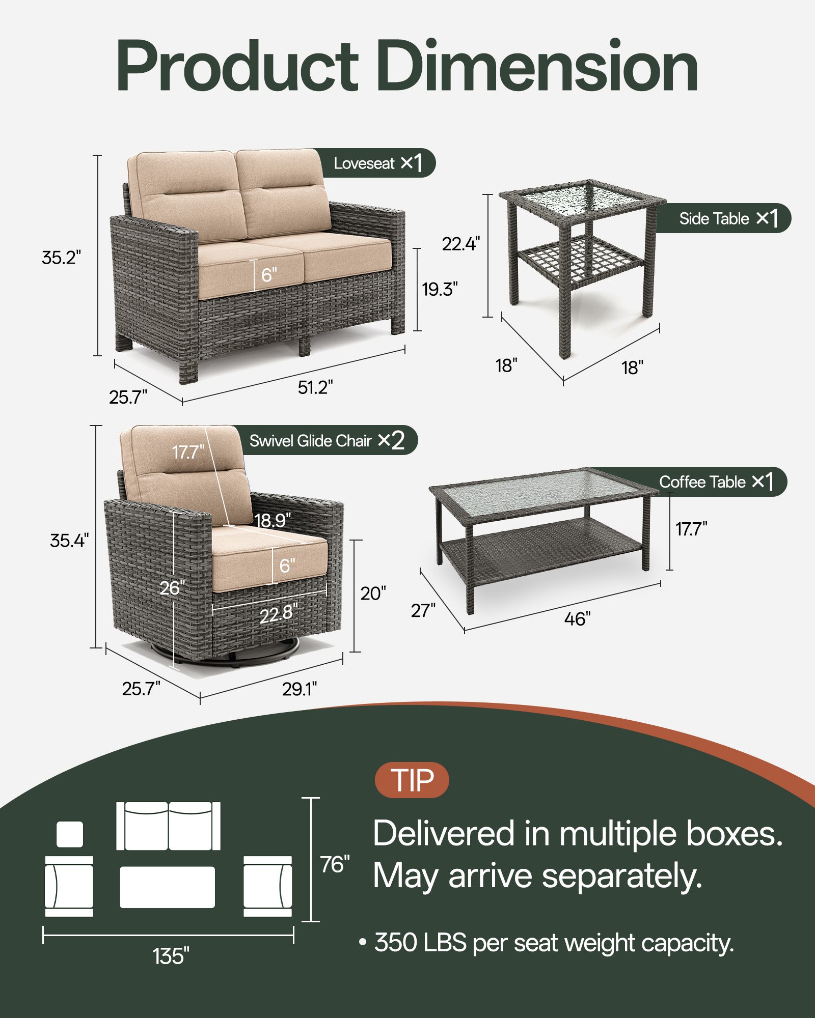 5-Piece Grayline Loveseat Set with Swivel Glider Chairs