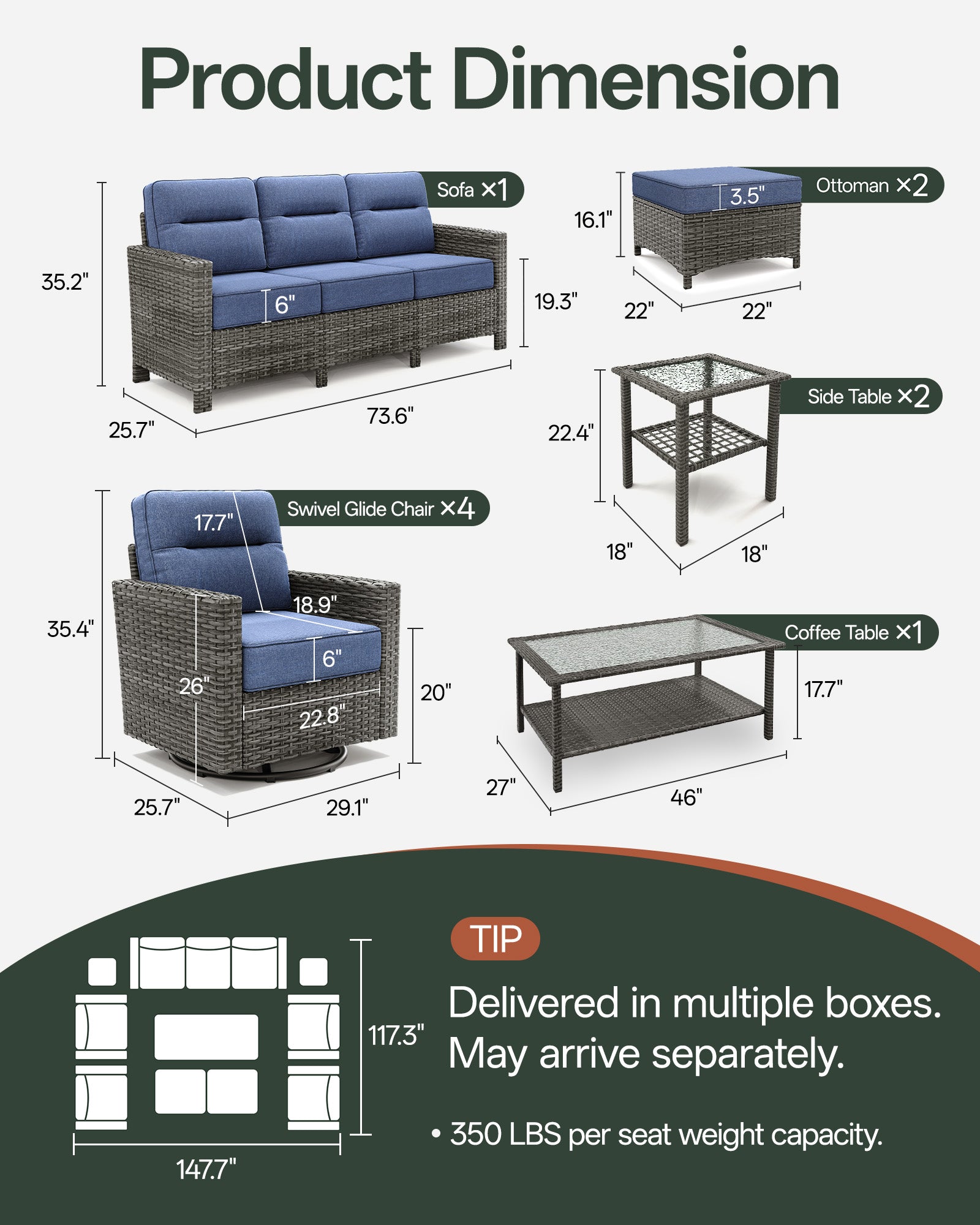 10-Piece Grayline Patio Sofa Set with Swivel Glider Chairs