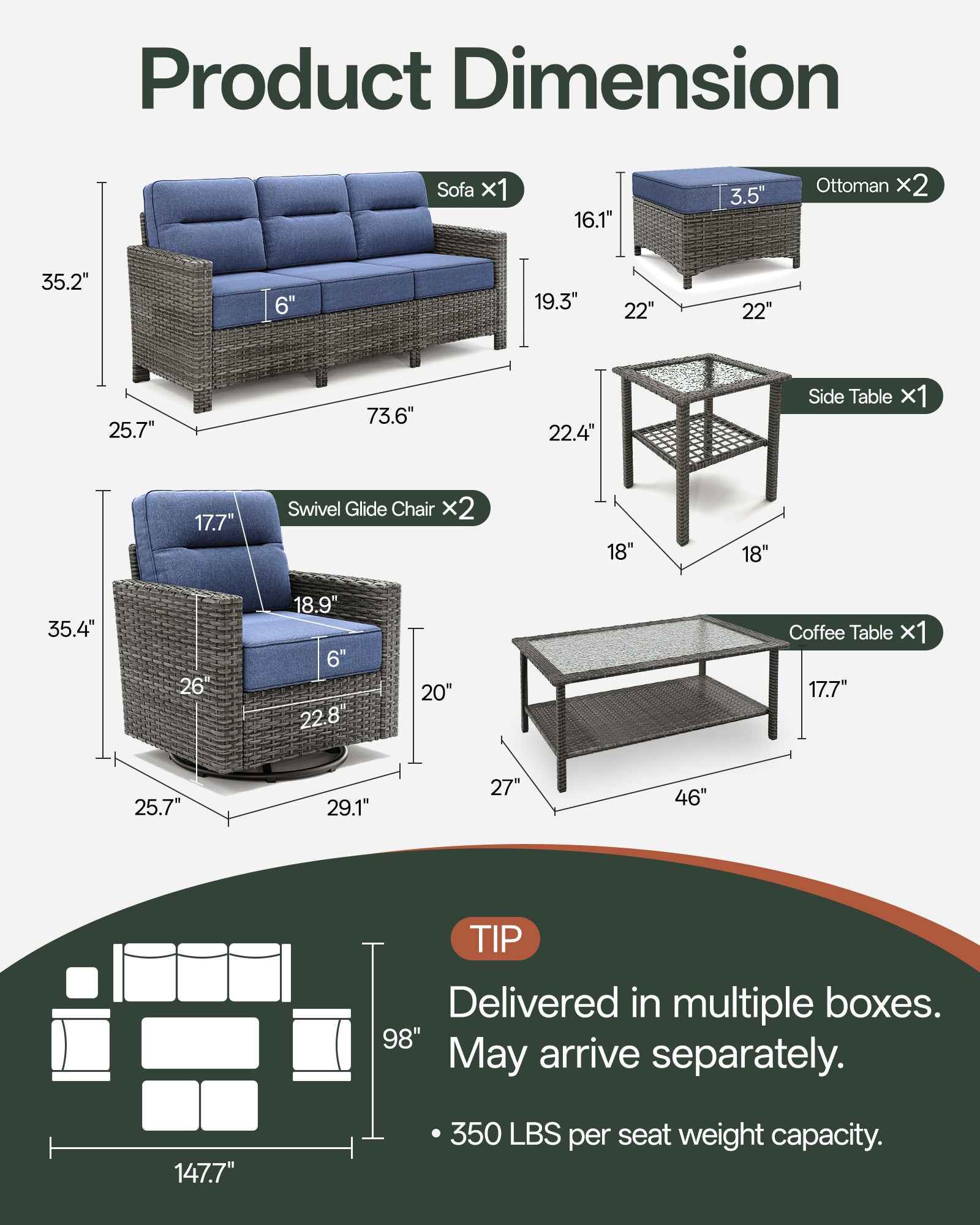 7-Piece Grayline Patio Sofa Set with Swivel Glider Chairs
