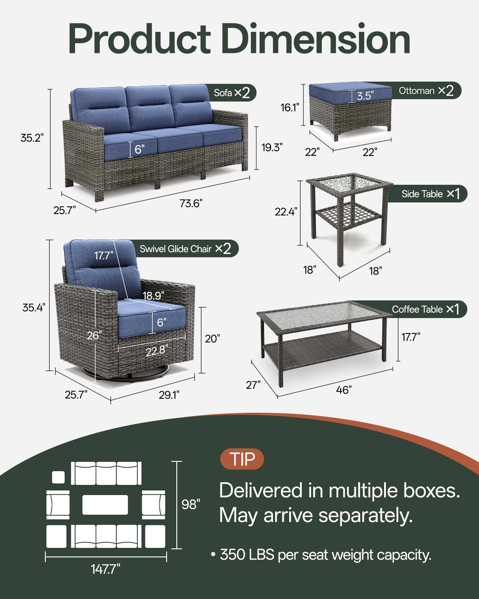 8-Piece Grayline Patio Sofa Set with Swivel Glider Chairs
