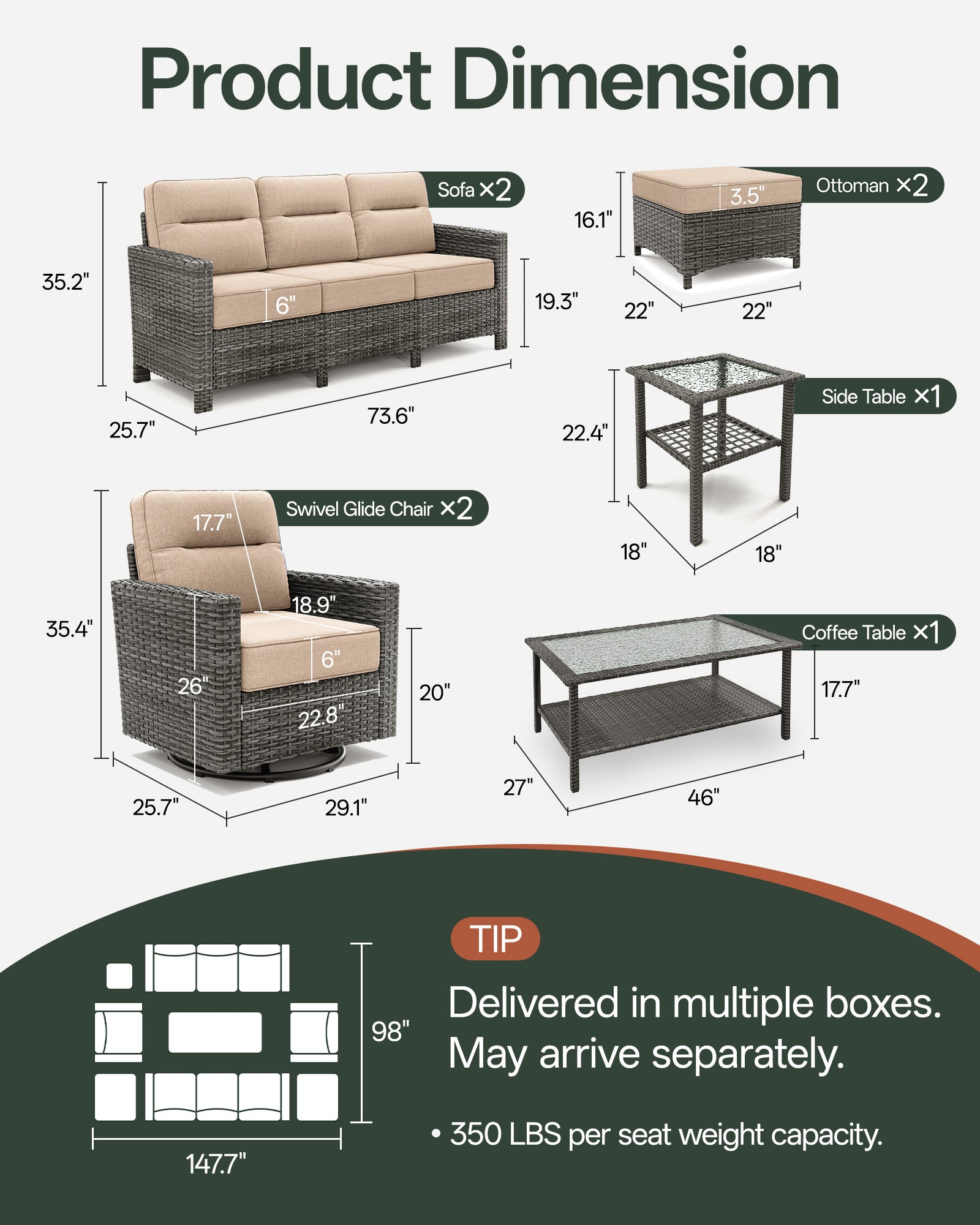 8-Piece Grayline Patio Sofa Set with Swivel Glider Chairs
