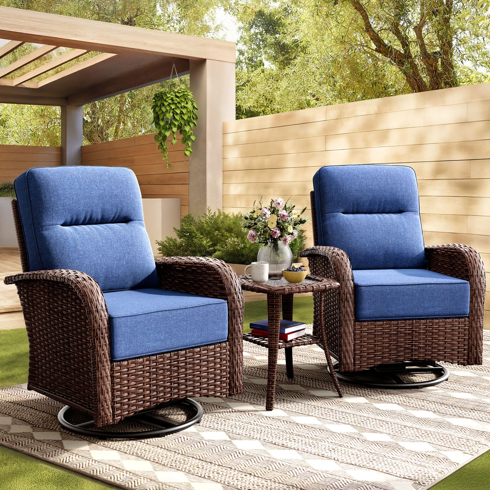 3-Piece Brown Curve Patio Swivel Glider Chair Set