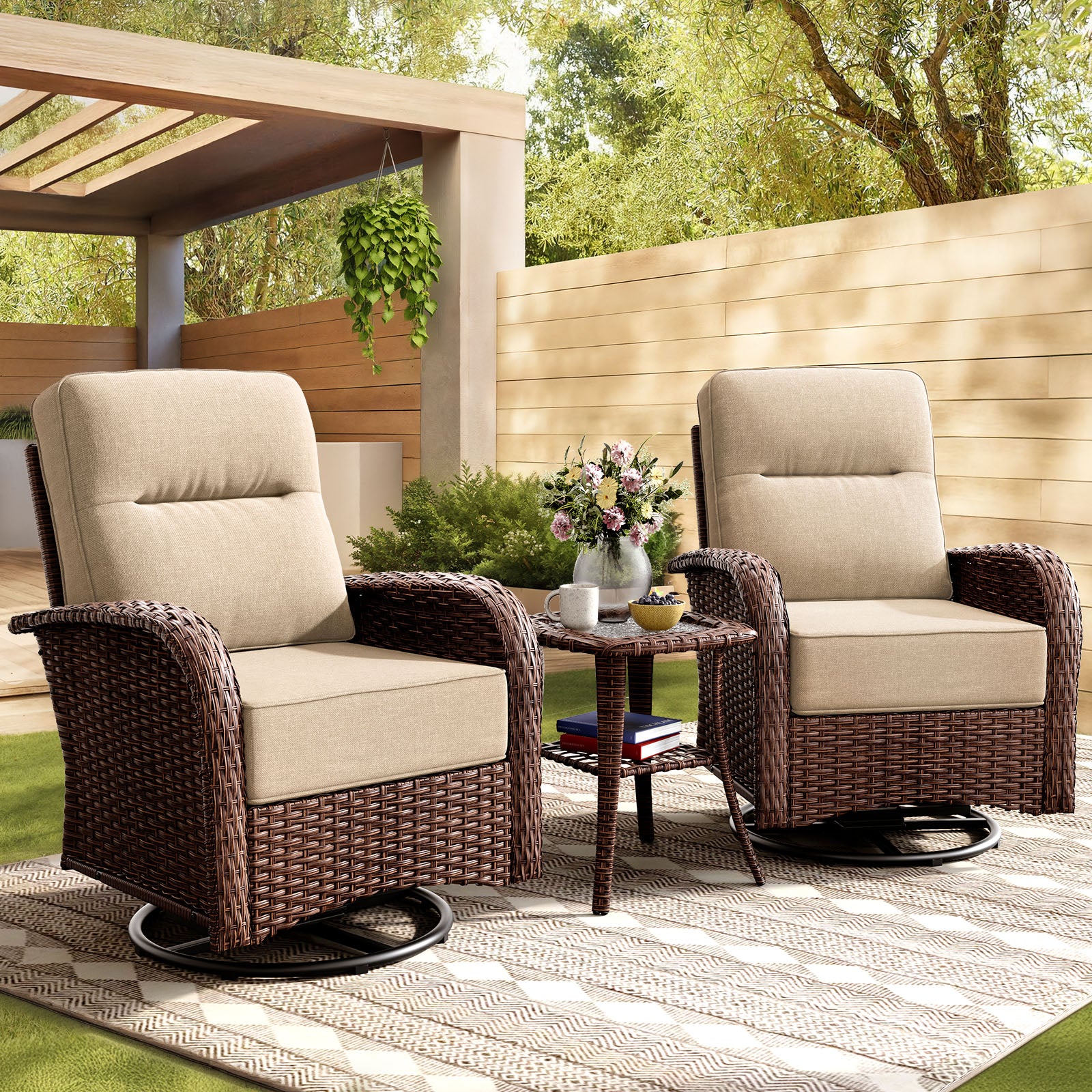 3-Piece Brown Curve Patio Swivel Glider Chair Set