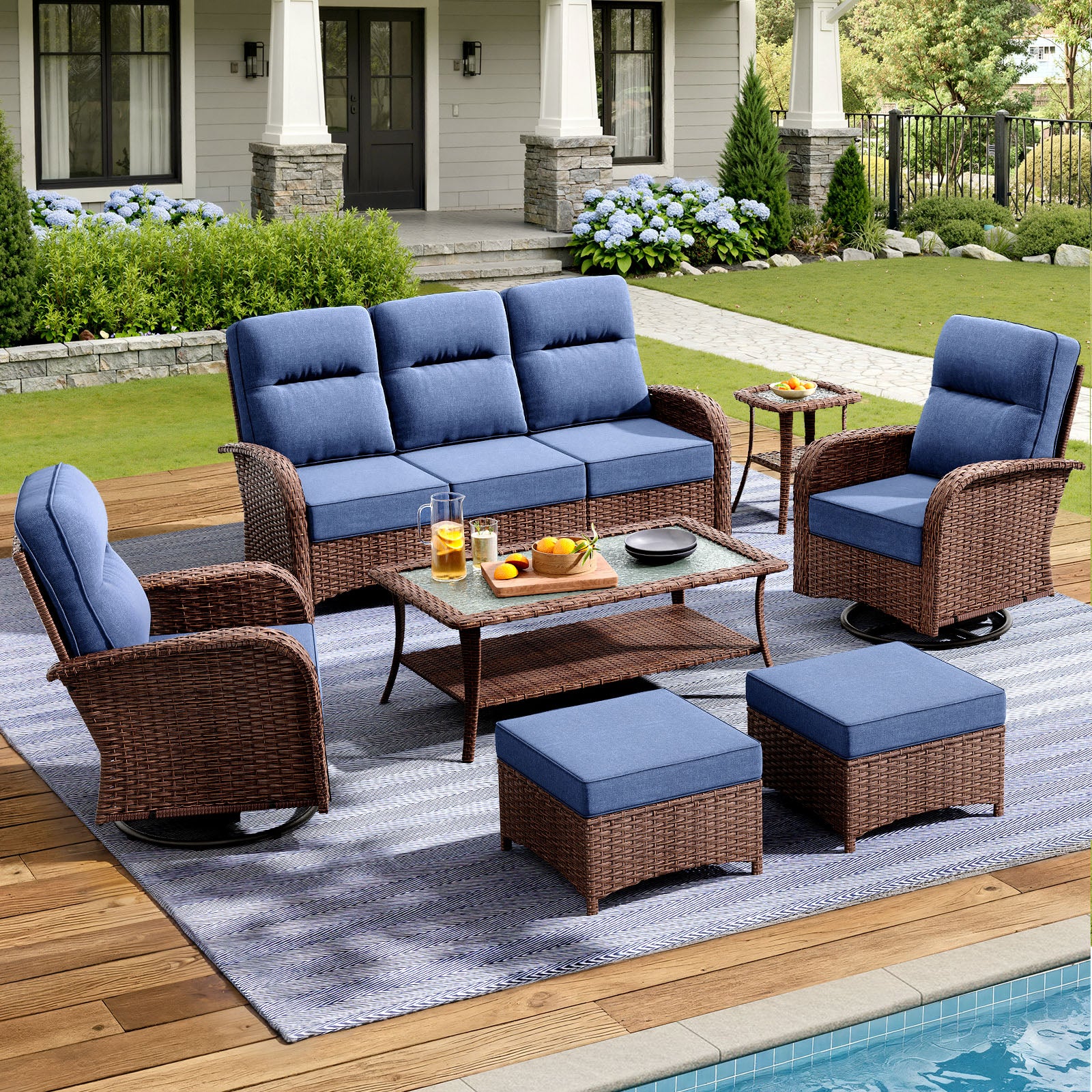 7-Piece Brown Curve Patio Sofa Set with Swivel Glider Chairs