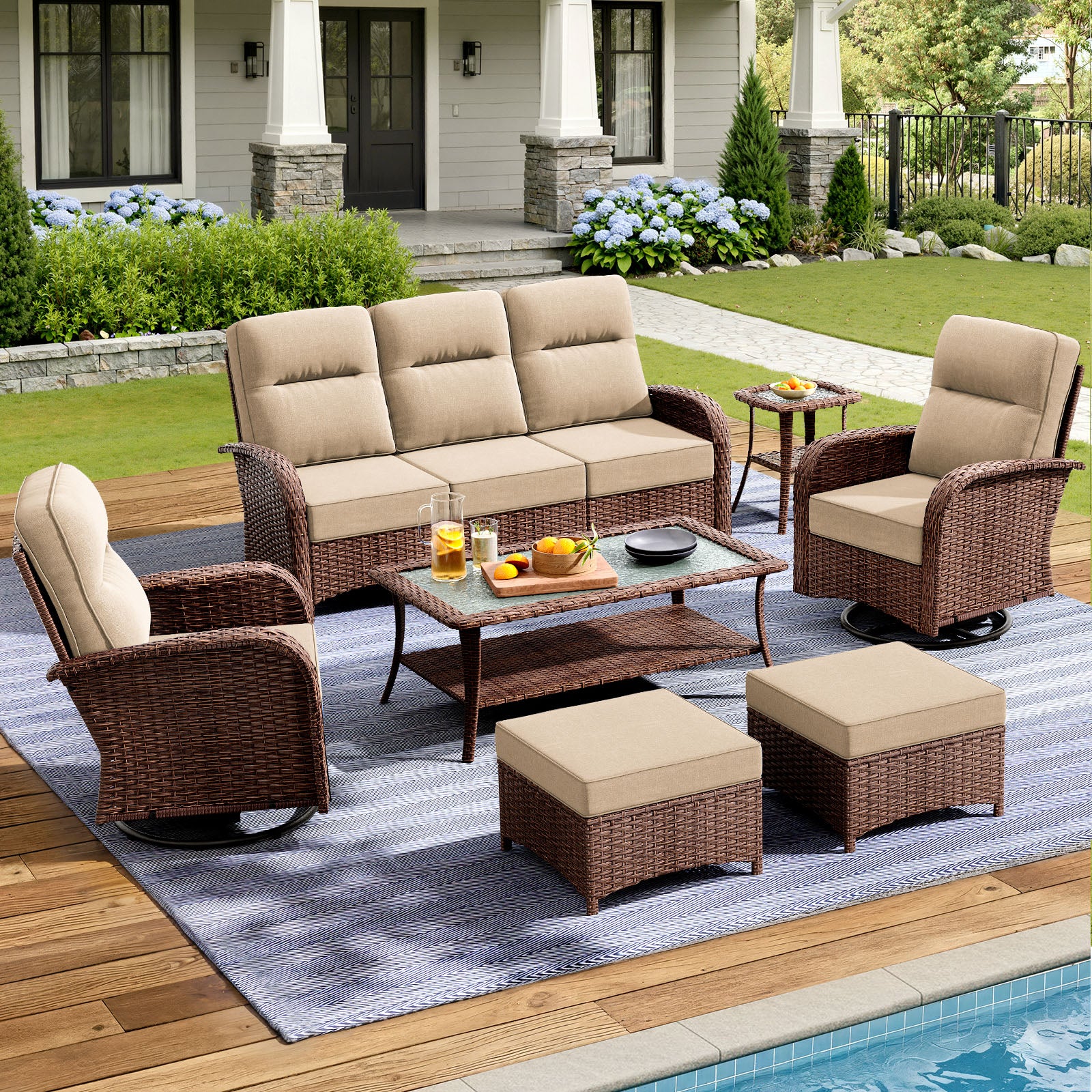 7-Piece Brown Curve Patio Sofa Set with Swivel Glider Chairs