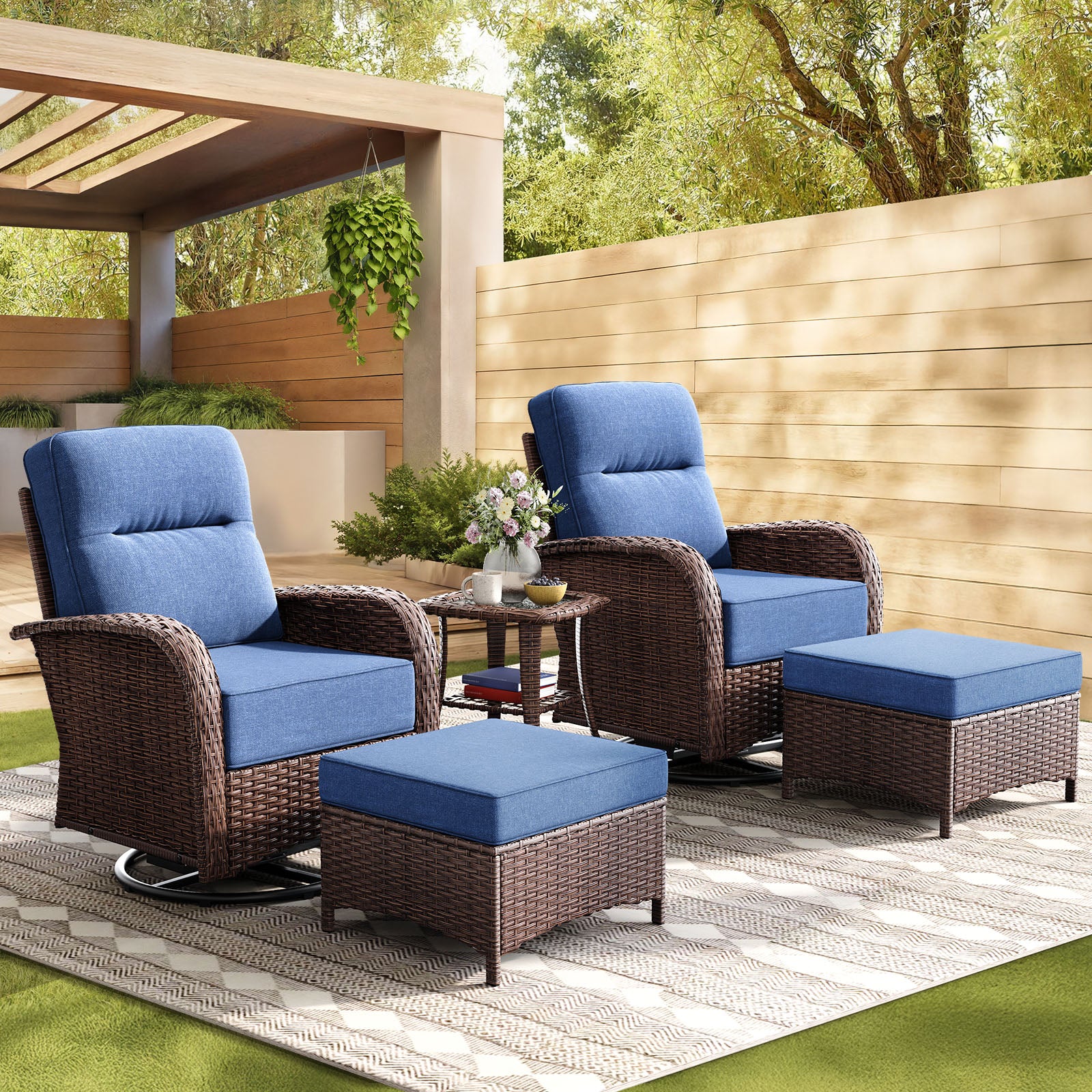 5-Piece Brown Curve Patio Swivel Glider Chair Set
