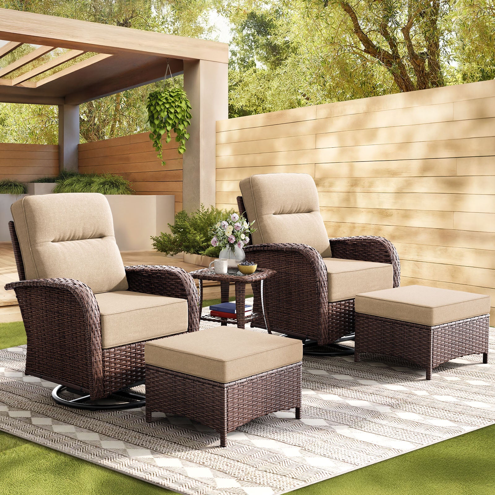 5-Piece Brown Curve Patio Swivel Glider Chair Set
