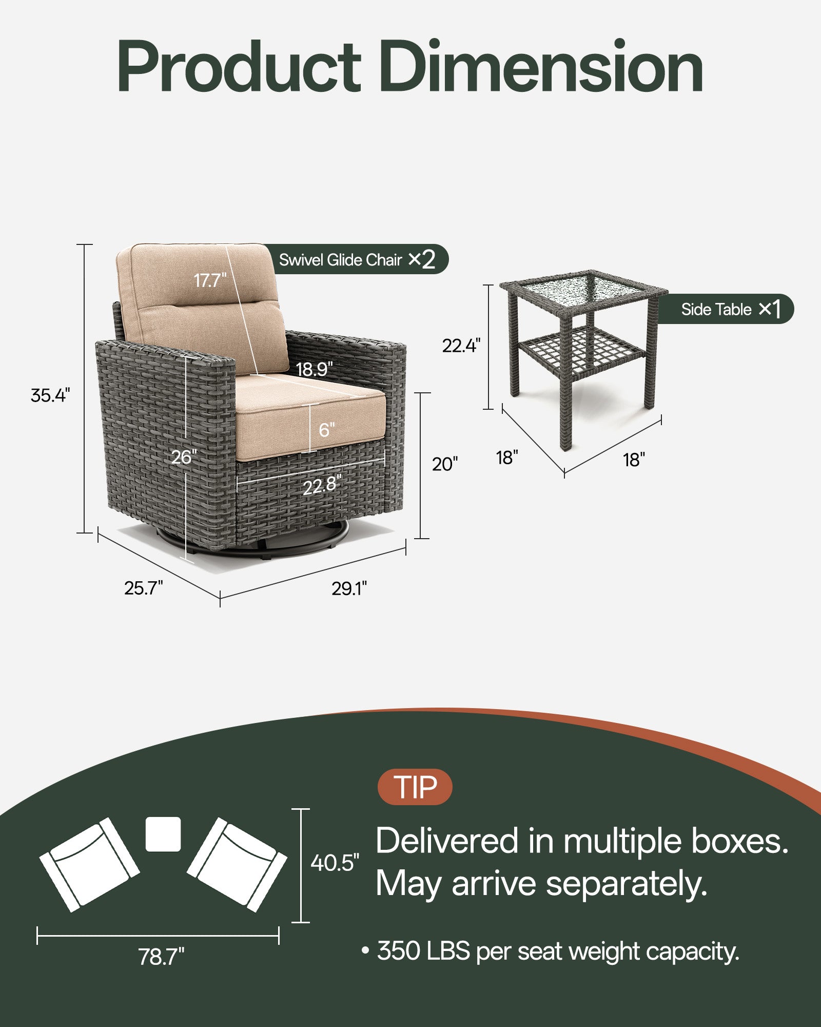 3-Piece Grayline Patio Swivel Glider Chair Set