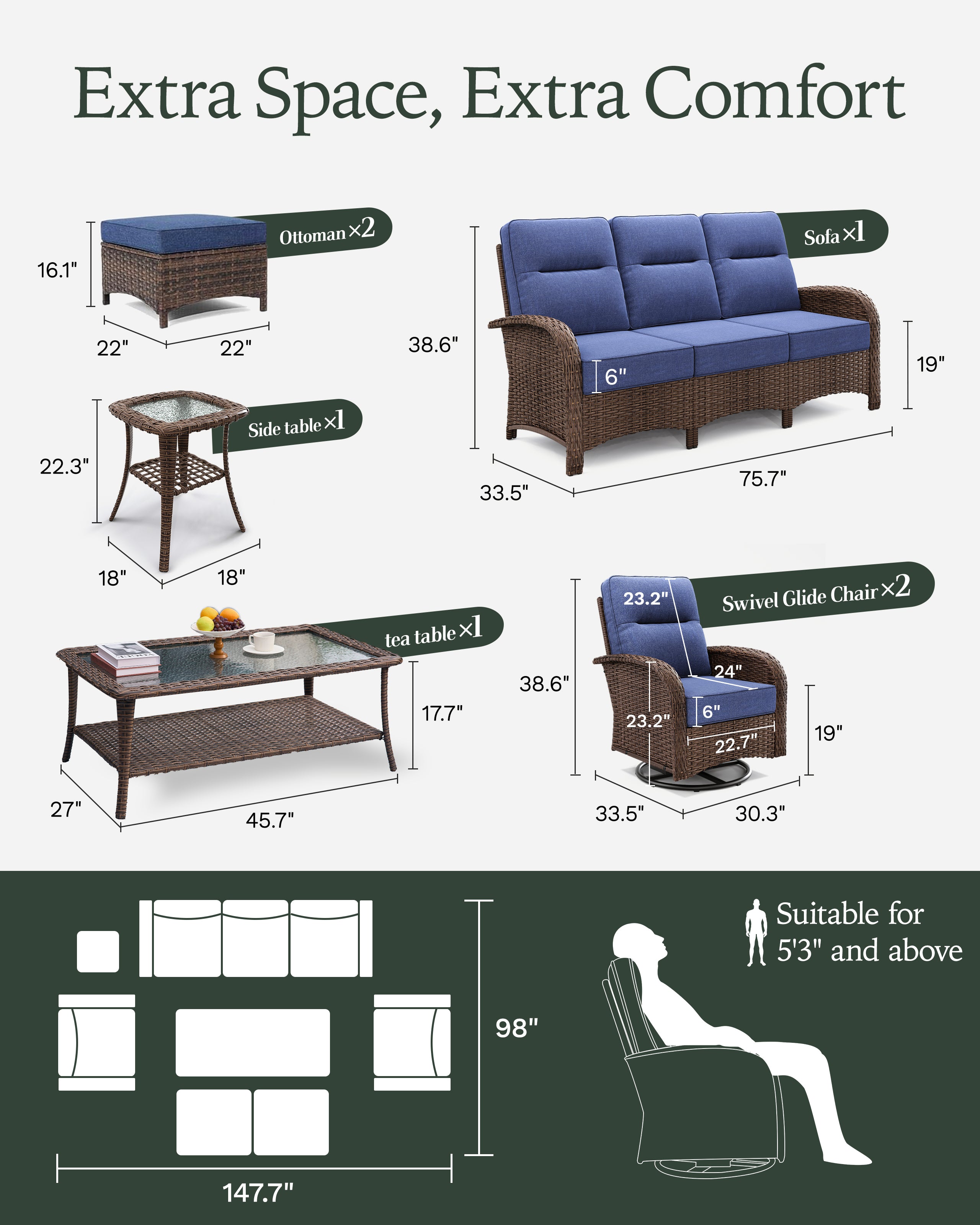 7 Pcs Patio Wicker Sofa Set-Blue